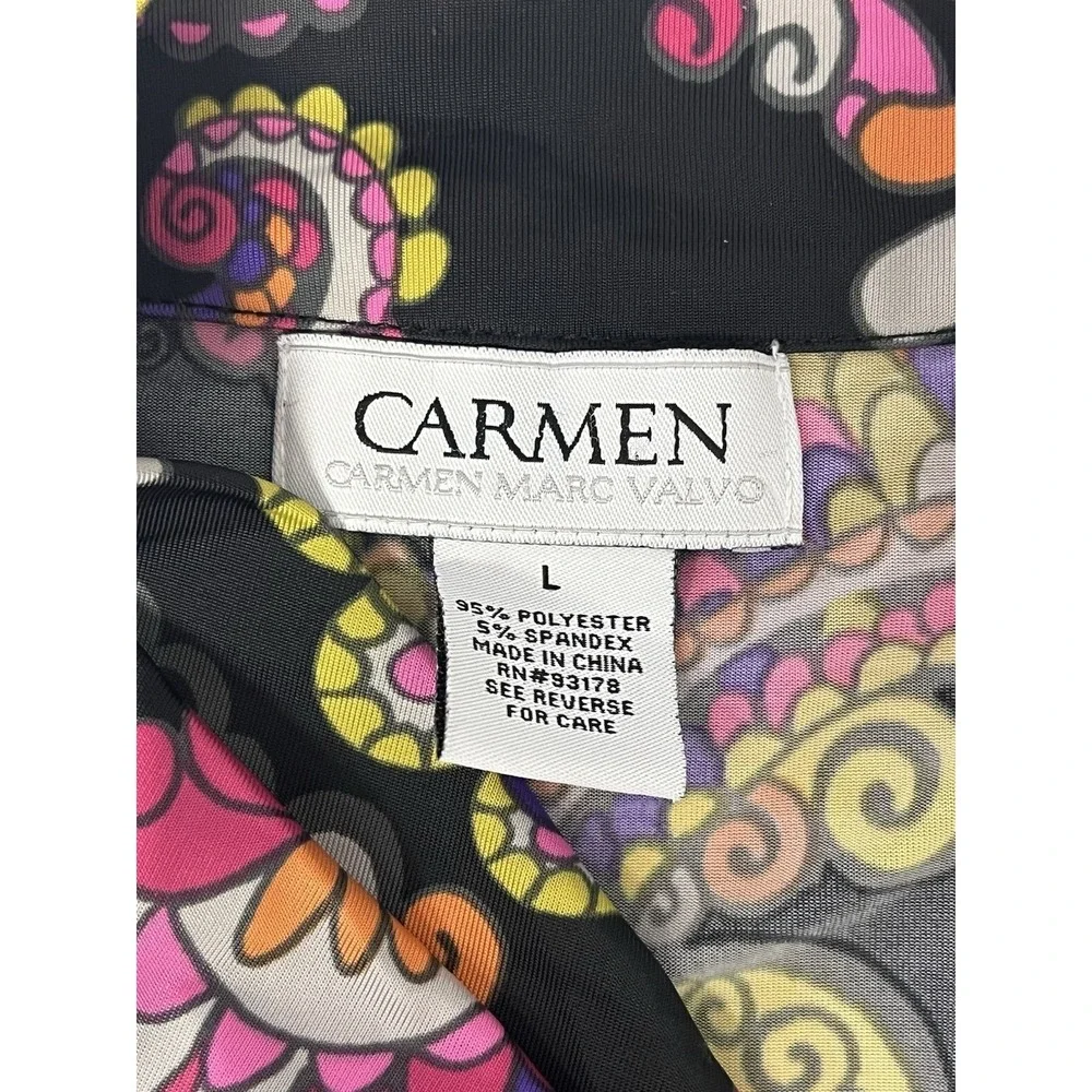 Carmen Marc Valvo Y2K Paisley Retro Wrap Top Large Pink Purple Black Slinky - Picture 8 of 9